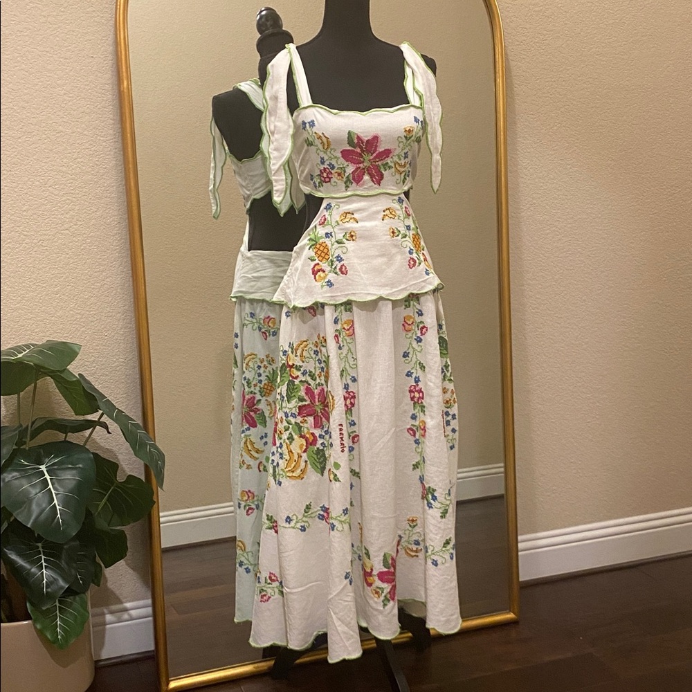 Farm Rio Tropical Romance Floral-embroidered Linen-blend Midi Dress Size XL - Picture 2 of 15